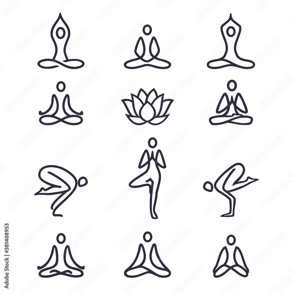 Yoga icons and logos set - graphic design elements in outline style for spa center, fitness or yoga studio Yoga. Set of line icons and symbols. Vector illustration. - obrazy, fototapety, plakaty 
