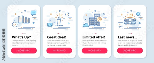 Set of Buildings icons, such as Loan house, Lighthouse, Buildings symbols. Mobile screen banners. Arena line icons. Discount percent, Navigation beacon, City architecture. Sport stadium. Vector