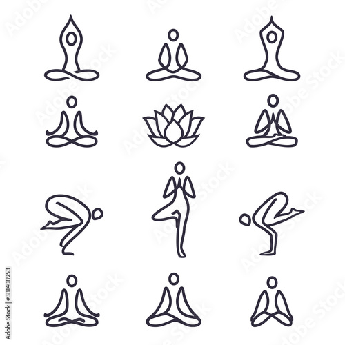 Yoga icons and logos set - graphic design elements in outline style for spa center, fitness or yoga studio Yoga. Set of line icons and symbols. Vector illustration.