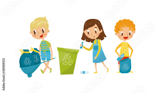 Little Boy and Girl Gathering Plastic Bottles for Recycling Vector Illustration Set