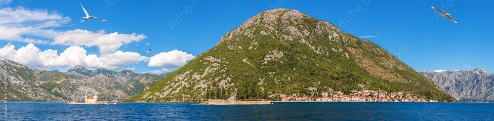 Perast old town, Church of Our Lady of the Rocks and the Island of Saint George panorama, Montenegro