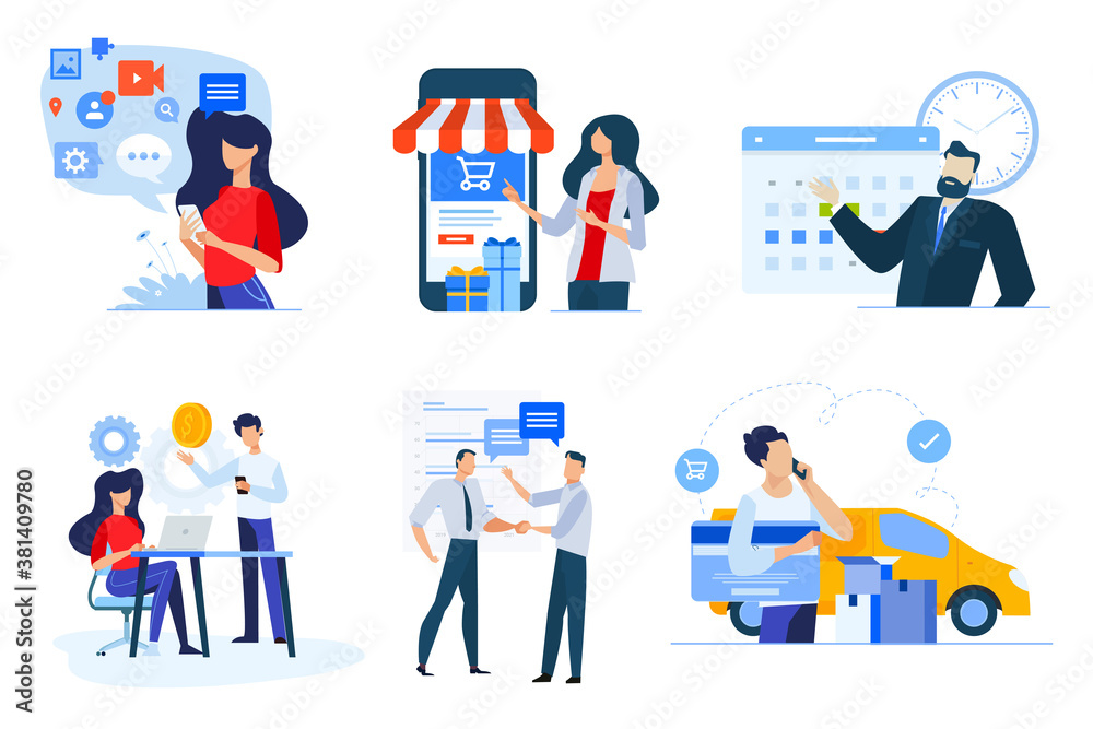 Set of business people concepts. Vector illustrations of m-commerce, social media, project management, events, consulting, shopping.