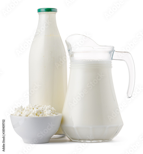 Fresh dairy products milk and cottage cheeese isolated on white