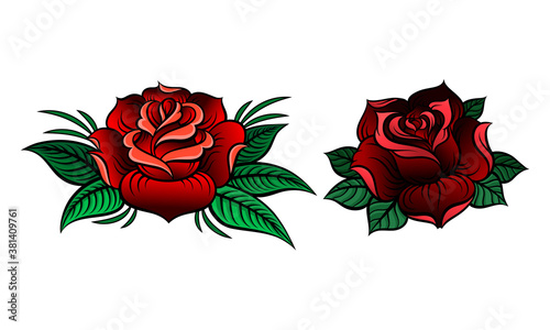 Decorative Blown Red Roses with Petal and Leaves Vector Set