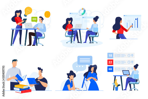 Set of business people concepts. Vector illustrations of task management, business communication, education, crowdfunding, analytics, business app.