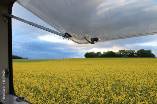 View from campervan car window on rapseed field, Vanlife Style, Home photo