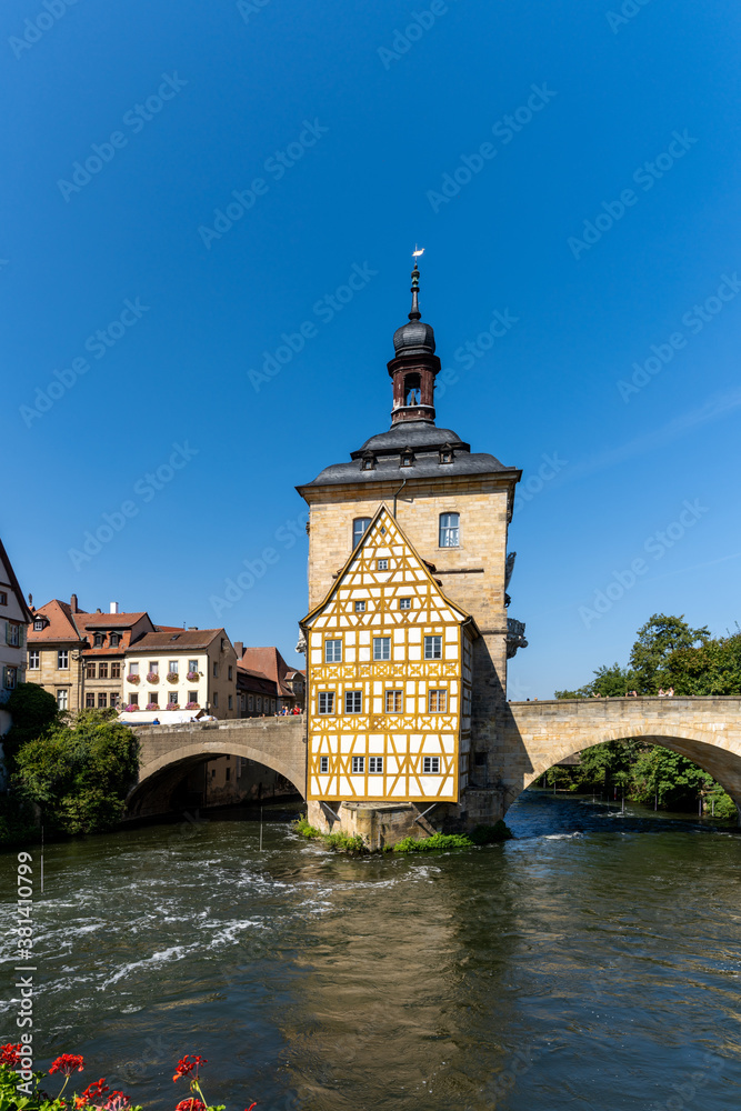 the historic town hall in Bamberg on the bridge over the Regnitz river