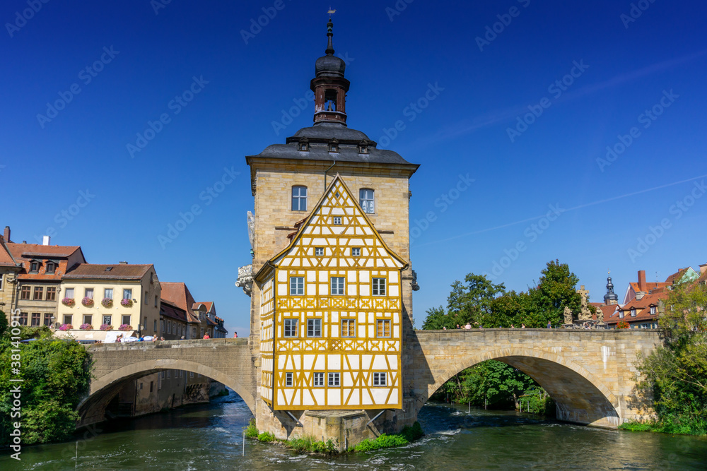 the historic town hall in Bamberg on the bridge over the Regnitz river