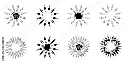 Collection of black and white mandala sun stars flower sunburst floral petal element objects icons set vector illustration  abstract background texture wallpaper pattern seamless art graphic design 