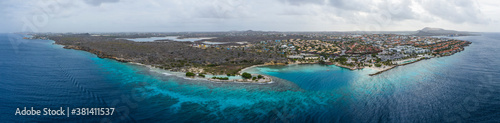 Aerial view of coast of Curaçao in the Caribbean Sea with turquoise water, cliff, beach and beautiful coral reef © NaturePicsFilms