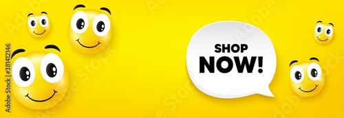 Shop now symbol. Smile face with speech bubble. Special offer sign. Retail Advertising. Smile character. Shop now speech bubble icon. Yellow face background. Vector