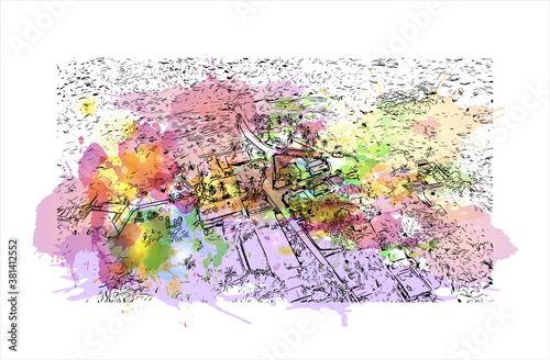 Building view with landmark of Bayamo is the capital city of the Granma Province of Cuba. Watercolor splash with hand drawn sketch illustration in vector.