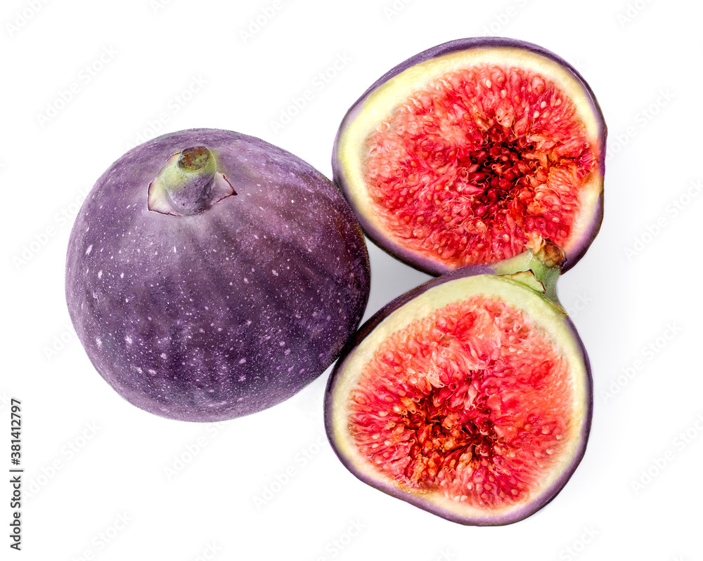 Fresh fig isolated on white background. Purple whole and sliced Fig fruits top view Fresh fig isolated on white background. Purple whole and sliced Fig fruits top view