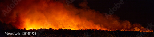Panoramic view of a wildfire in a large natural area at night. Ecological disaster concept