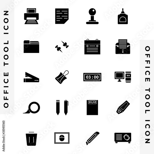 Office tools solid icon set, business vector illustration. Design for website, application, infographic, presentation, logo, banner etc.