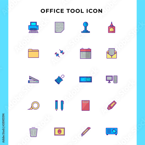 Filled line office tools icon set, business vector illustration. Design for website, application, infographic, presentation, logo, banner etc.