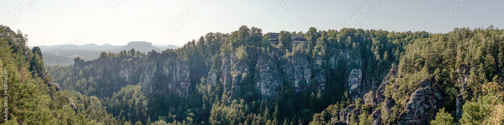 Panoramic view of the Bastei rocks with restaurant in Rathen. Saxon Switzerland. Germany