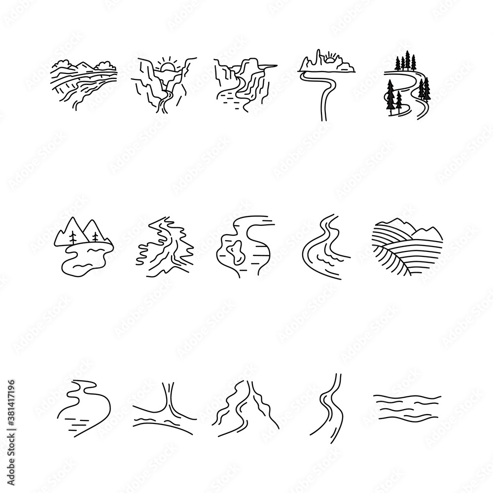 Fototapeta premium Simple vector valleys, rivers and mountains icons shapes set. Logo creation kit. Outdoor adventure line art elements bundle. Silhouette linear concept. Stock vector