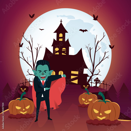 Halloween background with dracula and haunted house