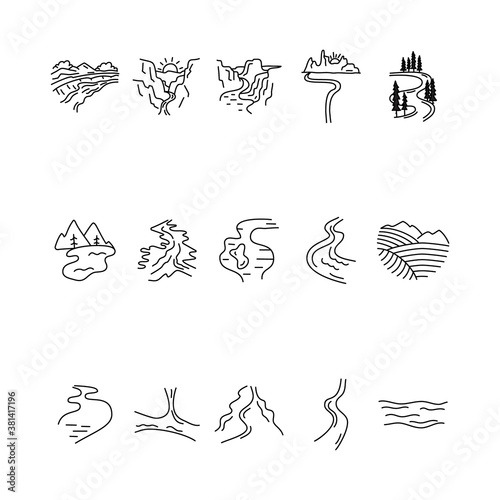 Simple vector valleys, rivers and mountains icons shapes set. Logo creation kit. Outdoor adventure line art elements bundle. Silhouette linear concept. Stock vector