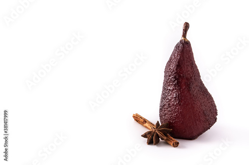 Poached pears in red wine isolated on white background.Copy space