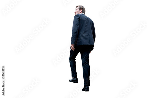 Caucasian Business man Walking up On white background with Clipping path, to people and business concept.