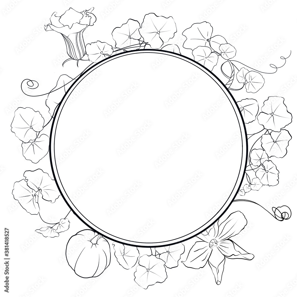 Round frame of Esolited Elements of pumpkin leaves and flowers on white background Round frame of Esolited Elements of pumpkin leaves and flowers on white background