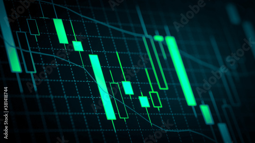 Stock market chart which including of currency symbol and Up/Down trend on monitor. Yellow Background with currency bars and candlestick chart