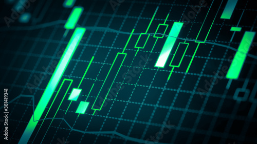 Stock market chart which including of currency symbol and Up/Down trend on monitor. Yellow Background with currency bars and candlestick chart