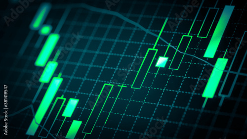 Stock market chart which including of currency symbol and Up/Down trend on monitor. Yellow Background with currency bars and candlestick chart
