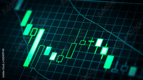 Stock market chart which including of currency symbol and Up/Down trend on monitor. Yellow Background with currency bars and candlestick chart