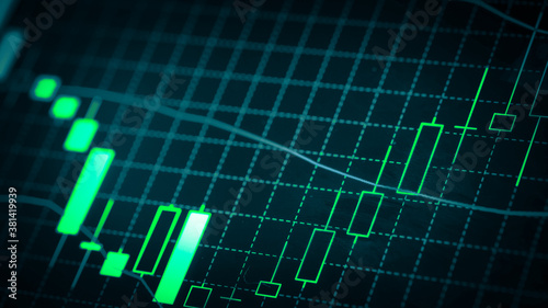 Stock market chart which including of currency symbol and Up/Down trend on monitor. Yellow Background with currency bars and candlestick chart