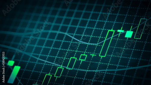 Stock market chart which including of currency symbol and Up/Down trend on monitor. Yellow Background with currency bars and candlestick chart