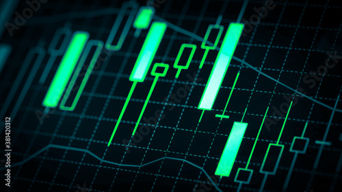 Stock market chart which including of currency symbol and Up/Down trend on monitor. Yellow Background with currency bars and candlestick chart