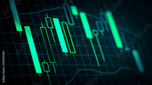 Stock market chart which including of currency symbol and Up/Down trend on monitor. Yellow Background with currency bars and candlestick chart