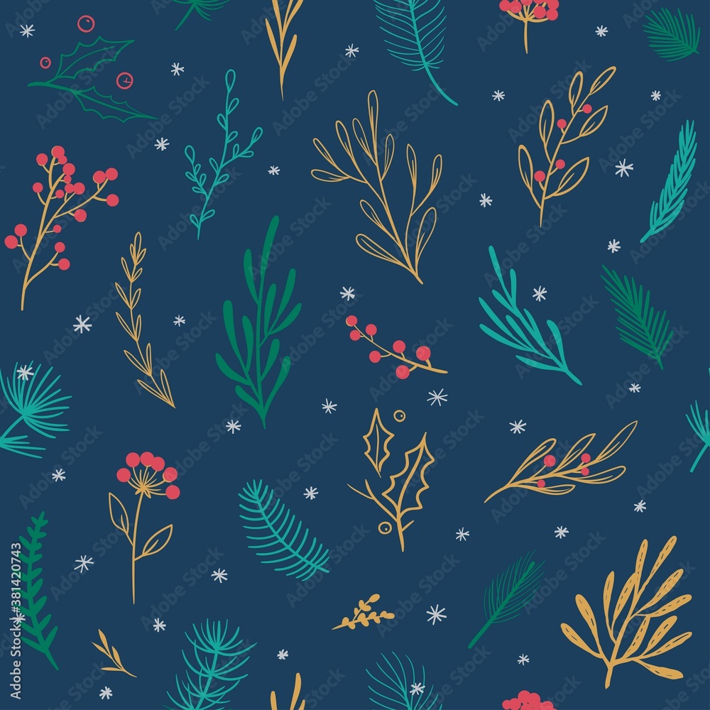 Beautiful Christmas pattern. Vector seamless pattern with floral elements. Winter seasonal background, holiday wrapping paper.
