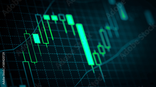 Stock market chart which including of currency symbol and Up/Down trend on monitor. Yellow Background with currency bars and candlestick chart