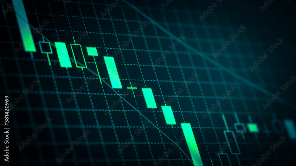 Stock market chart which including of currency symbol and Up/Down trend on monitor. Yellow Background with currency bars and candlestick chart