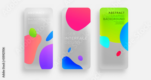 Mobile application screen page backgrounds set with plastic transparent effect and neon color liquid flow fluid shapes. User interface app template. Eps10 vector.