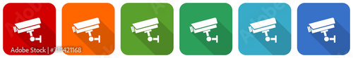 Cctv camera icon set, flat design vector illustration in 6 colors options for webdesign and mobile applications