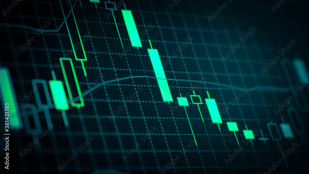 Fototapeta premium Stock market chart which including of currency symbol and Up/Down trend on monitor. Yellow Background with currency bars and candlestick chart