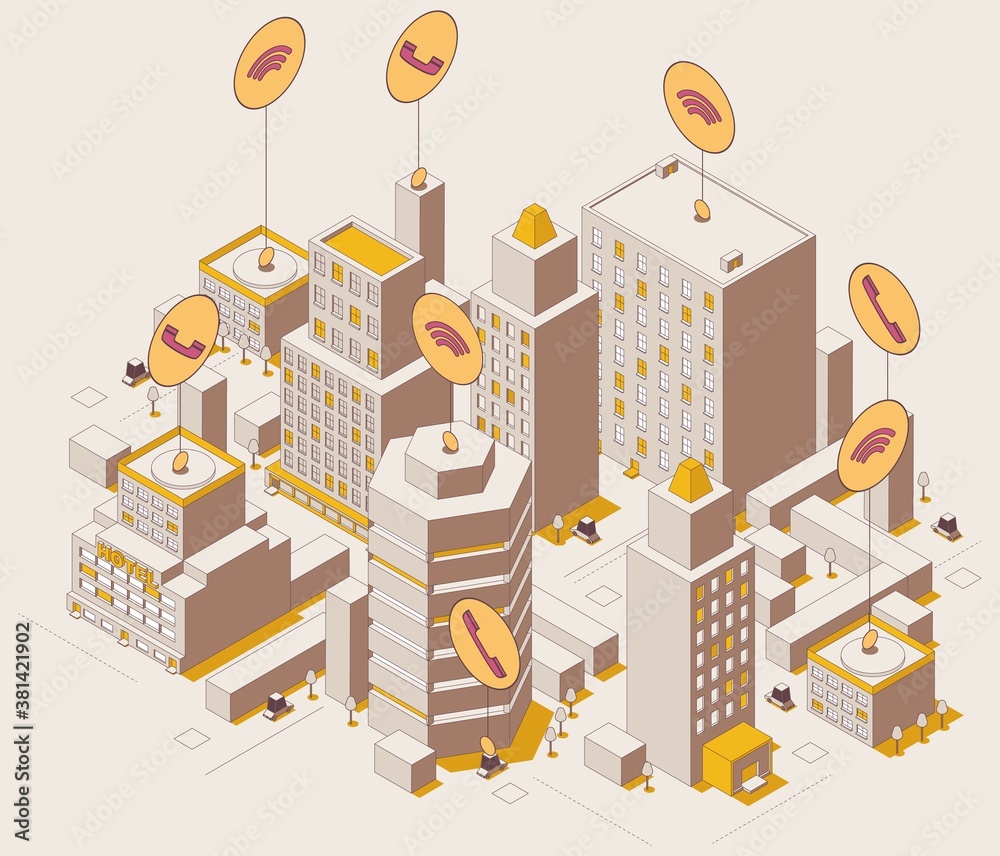 Isometric outdoor city view with calls and wi-fi signs. Stylish scene with cars and trees Isometric outdoor city view with calls and wi-fi signs. Stylish scene with cars and trees