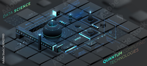 Artificial intelligence and robotic quantum computing processor isometric concept for business technology, engineering and innovations design. Eps10 vector illustration
