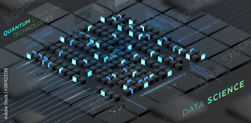 Artificial intelligence and robotic quantum computing processor isometric concept for business technology, engineering and innovations design. Eps10 vector illustration