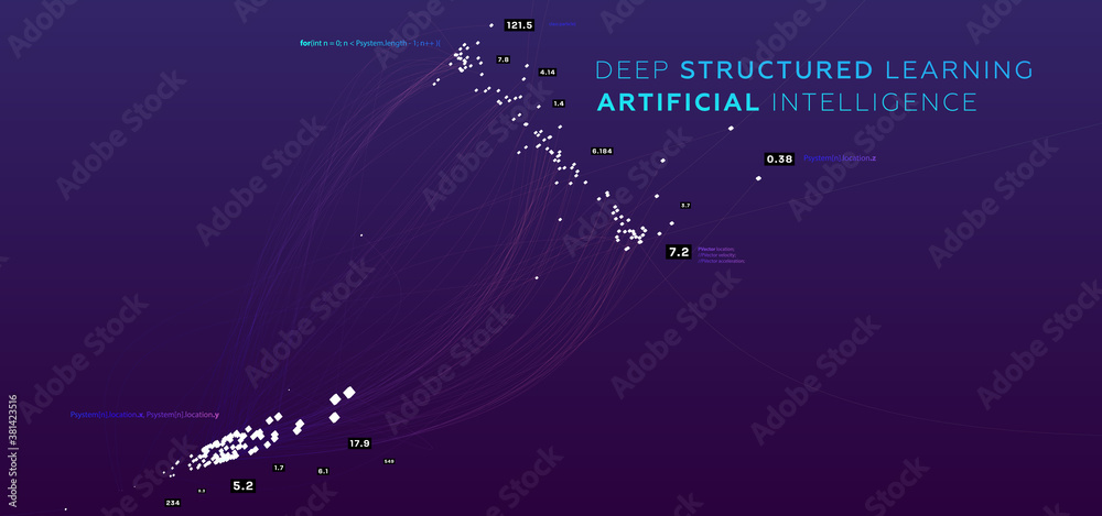 Fototapeta premium Quantum computing, deep learning artificial intelligence, signal cryptography infographic vector illustrations. Big data algorithms visualization for business, science presentations, posters, covers