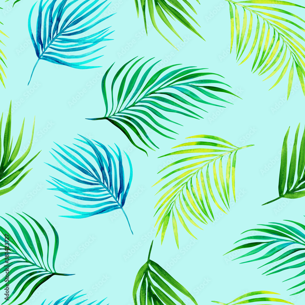 watercolor palm leaves seamless pattern on blue background