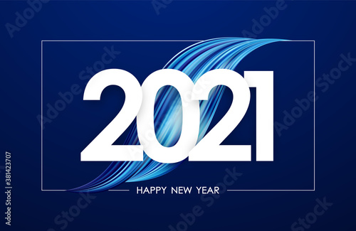 Happy New Year 2021. Greeting card with blue abstract twisted acrylic paint stroke shape.