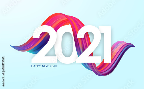Happy New Year 2021. Greeting card with colorful abstract twisted acrylic paint stroke shape. Trendy design