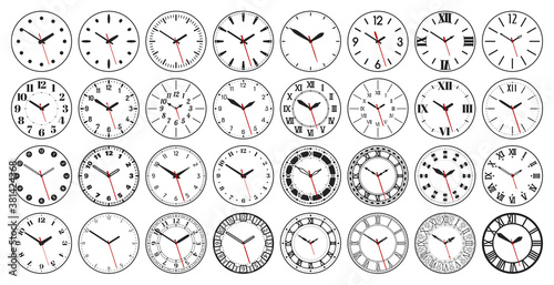 Round watch faces. Circle clock face with vintage Roman and Arabic numerals. Minutes, seconds and hours hands and scale marks on dial vector set