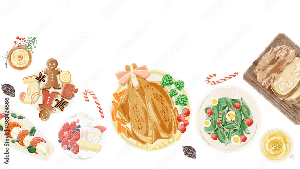 クリスマスパーティーの食卓風景水彩イラスト